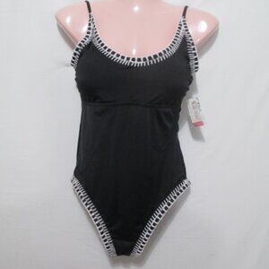 NWT Gianni Bini One Piece Swimsuit Size M Black w White Crochet Trim Plunge Back